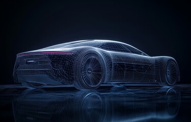 Naklejka premium Wireframe sports car digital model, dark background.