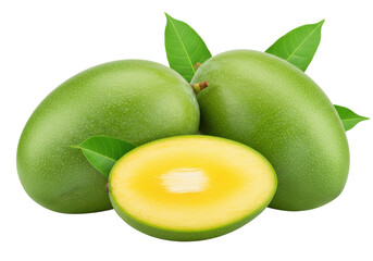 two whole green mangoes with a sliced piece and green leaves isolated on white background