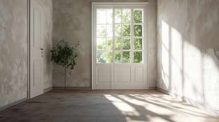 Empty door opened light. Light shining through open door 3D realistic Illustration