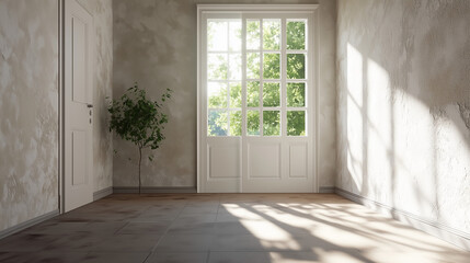 Fototapeta premium Empty door opened light. Light shining through open door 3D realistic Illustration