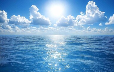 Obraz premium Sunny ocean scene with blue water and fluffy clouds.
