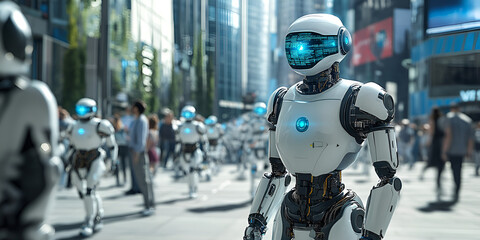 Futuristic humanoid robot patrolling a busy city street with advanced AI technology, Robotics in urban environments featuring AI-powered robots and crowds
