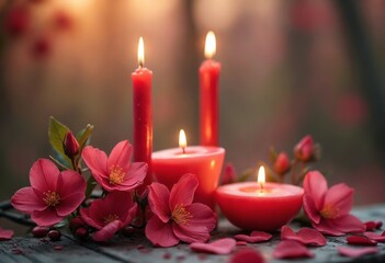 Valentine's day love celebration in nature romantic candles and blossoms serene environment