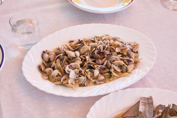 Tray with cooked small or wedge clams on a white tablecloth ready to eat