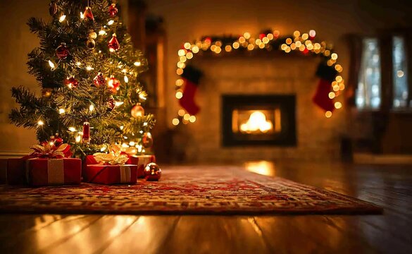Christmas tree, gifts, fireplace, warm, cozy home.