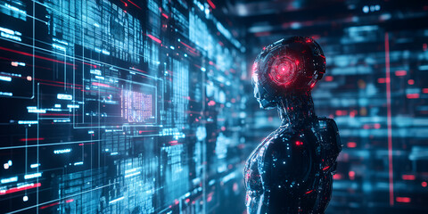 Fototapeta premium AI-powered humanoid robot analyzing data in a futuristic digital environment, Advanced artificial intelligence robot in a virtual data-driven space 