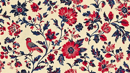 Red and blue floral textile pattern; bird; design; fabric; background; home decor