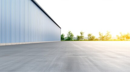 Fototapeta premium Blue Corrugated Metal Building Exterior, Concrete Ground, Trees, Landscape, Architecture, Industrial. Warehouse, Factory
