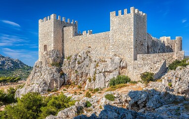 Obraz premium Majestic medieval castle perched atop rocky hill under sunny sky.
