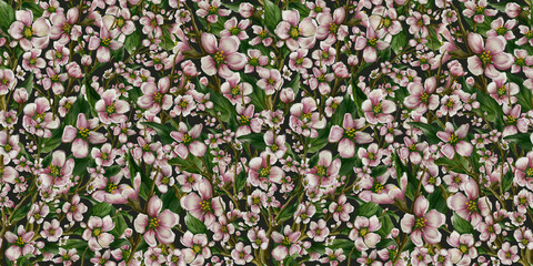 Solid floral seamless pattern. Watercolor flowers, leaves, branches, buds and twigs composed into beautiful full all over design.