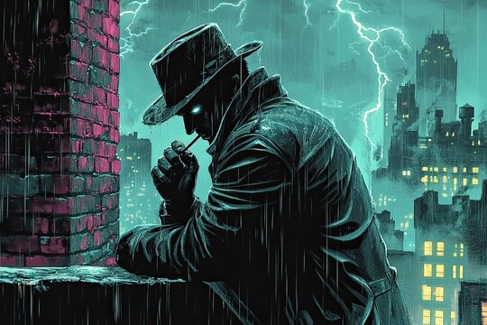 Detective leaning over a rooftop ledge, staring down at the glowing city below, rain dripping from his fedora, his trench coat blowing in the wind, a cigarette in his mouth