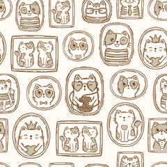 Hand drawn seamless pattern vector cat portrait. Cute children coloring illustration for coloring book, print, gritting card