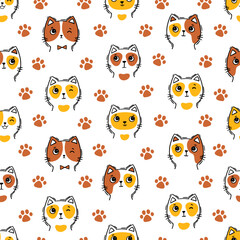 Obraz premium Hand drawn seamless pattern vector cat portrait. Cute children coloring illustration for coloring book, print, gritting card