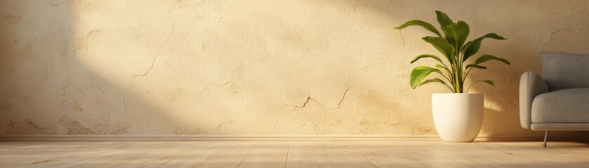 Minimalist Interior Design Beige Wall, Wooden Floor, Plant in Pot, 3D Render, Home Decor, Room Design ,interior design