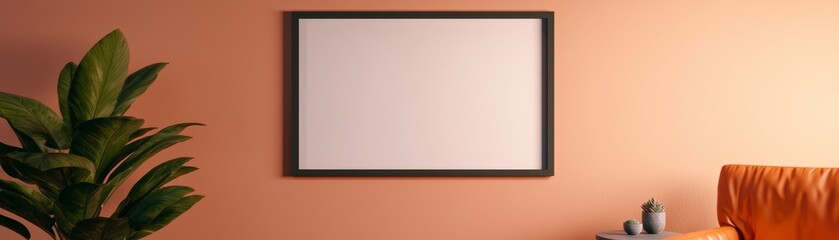 Minimalist Room Mockup Blank Frame, Peach Wall, Plants, Modern Interior Design, Home Decor Mockup, Interior Design