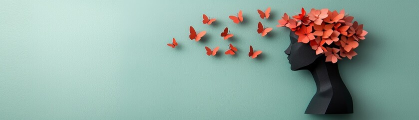 Paper Art Woman's Profile with Coral Butterflies, Teal Background, Papercraft, Floral Headpiece Paper art, butterfly, coral