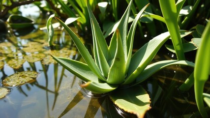 Obraz premium Aloe vera plant submerged in a shallow pool of water with sunlight filtering through the leaves and surrounding foliage, water reflection, botanical photography, aloe vera plant