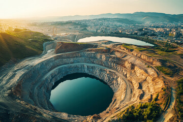 Breathtaking aerial view of a vast flooded diamond mine with a cityscape backdrop at dawn