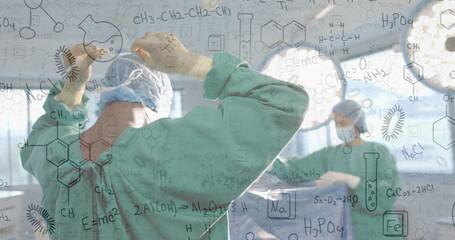 Image of chemical equations over diverse surgeons wearing face masks in operating room