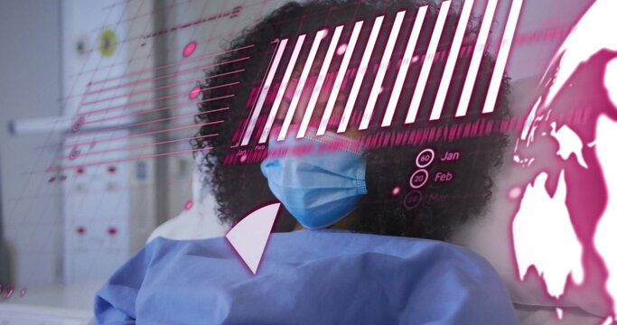 Image of data processing and diagrams over biracial female patient in hospital bed