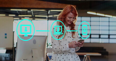 Image of network of connections with digital icons over caucasian businesswoman using smartphone