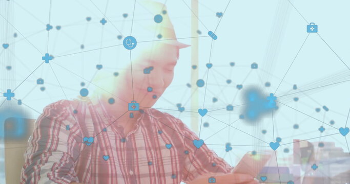 Image of network of connections with icons over biracial woman using smartphone - Powered by Adobe