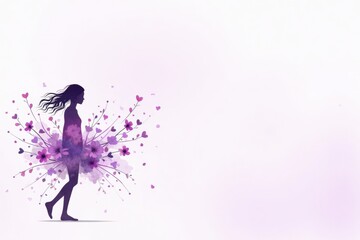 Obraz premium Background Copy-space for text. A dynamic silhouette of a girl with flowing purple flowers around her, representing International Women's Day.