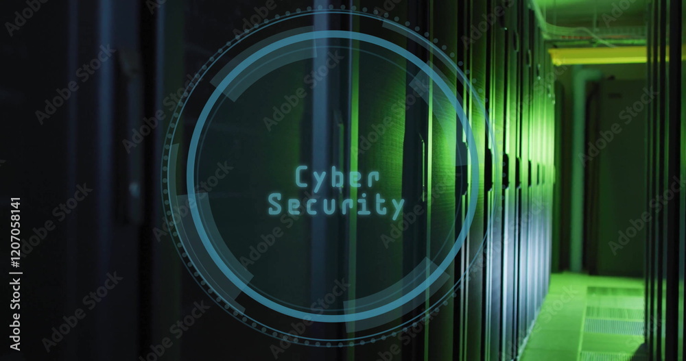 Poster image of digital data processing with padlock icon over computer servers