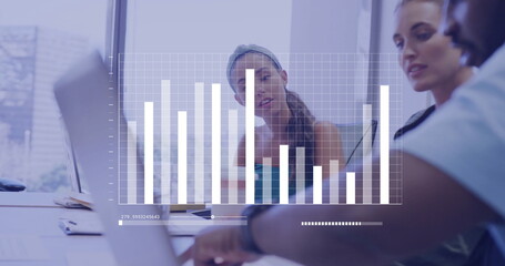 Image of financial data processing over diverse colleagues discussing work in office