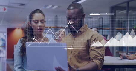 Image of financial data processing over diverse colleagues discussing work in office