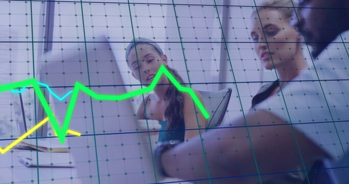 Image of financial data processing over diverse colleagues discussing work in office