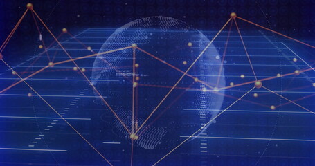 Image of network of connections and data processing over globe on black background