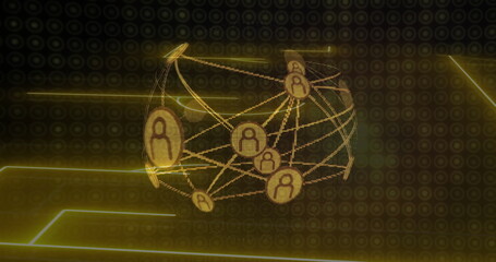 Image of globe of connections over neon stadium on black background