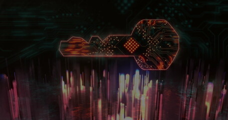 Image of key icon with computer circuit board over light trails on black background