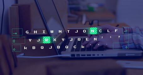 Image of data processing over caucasian businesswoman using laptop