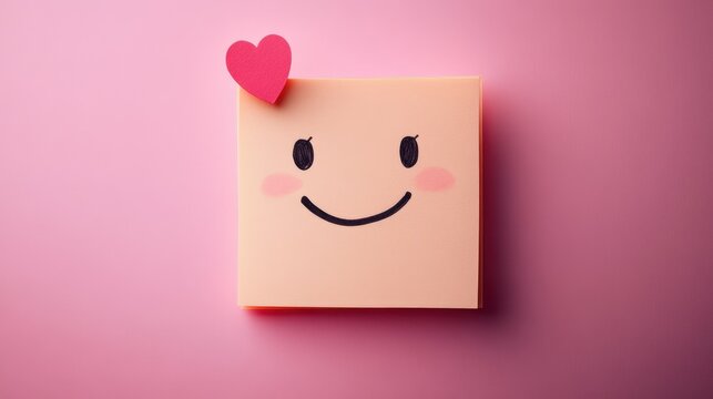 Cheerful pink square sticky note with smiling face and heart on a soft pink background, perfect for expressing joy and positivity in any creative project