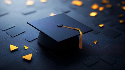 Graduation cap rests softly on dark background illuminated by warm golden light. AI Generated