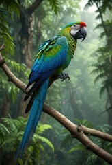 Obraz premium A stunning blue and green macaw perches on a curved branch in the heart of the rainforest, lush canopies, natural habitat, forest canopy