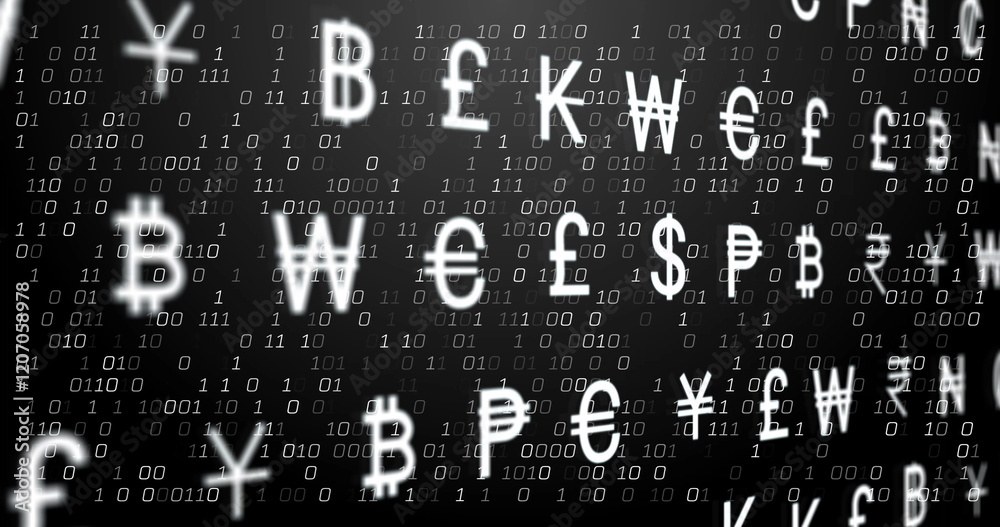 Poster binary code and currency symbols image over dark background