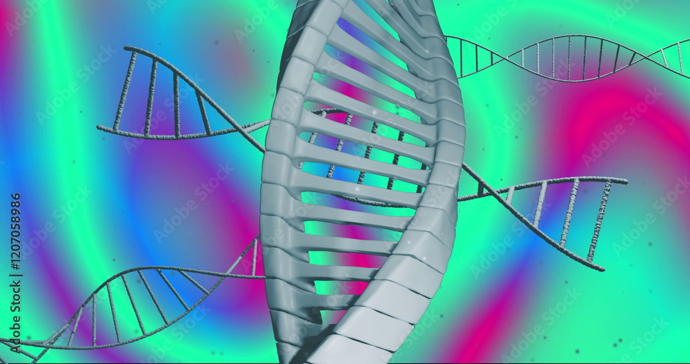 Poster dna strands and double helix structure image over colorful gradient background