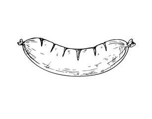 Vector grilled sausage. Graphic German bratwurst illustration isolated on background. Hand drawn line sketch. For designers, prints, postcards, wrapping paper, icon, octoberfest, holiday, covers