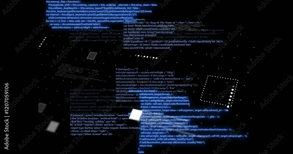 Poster programming code and geometric shapes image over dark background with dotted grid
