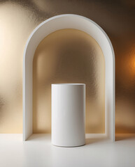 Luxurious White Display Stand for Commercials with Shiny Gold Background for Product Promotion Realistic 3D Podium for Mockup