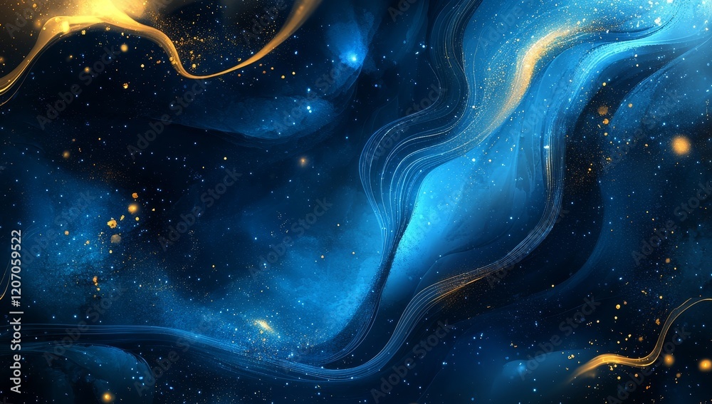 Aufkleber abstract cosmic nebula with swirling blue and gold patterns.