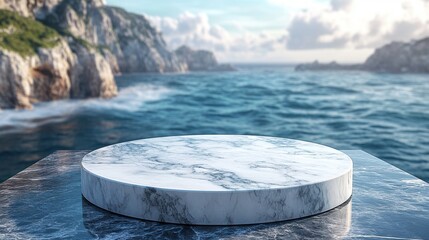 Naklejka premium White marble podium with blurred seascape in the background, product display mockup