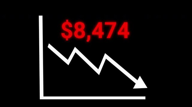 Declining loss graph animation with downward arrow and decreasing red numbers on transparent background
