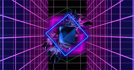 Geometric shapes and neon grid image creating futuristic digital tunnel effect