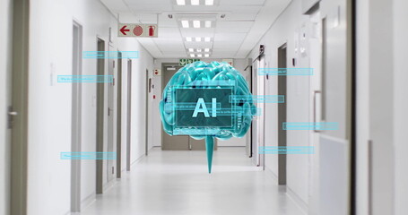 AI brain model and data processing image over hospital corridor