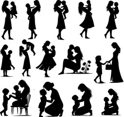 A collection of black silhouette of Mothers and Children, Perfect for Mother's Day