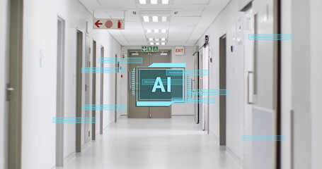 AI technology image over hospital corridor with doors and emergency signs